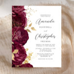 Convite de casamento de Script Dourado Floral da B<br><div class="desc">A borda esquerda deste elegante convite de casamento apresenta uma borda floral burguenta,  aparada com folhas falsas de ouro e folhas reluzentes. O texto personalizável combina o script inspirado em vintage de cinzas de carvão e fontes sans serif em um fundo branco. O verso apresenta um design floral correspondente.</div>