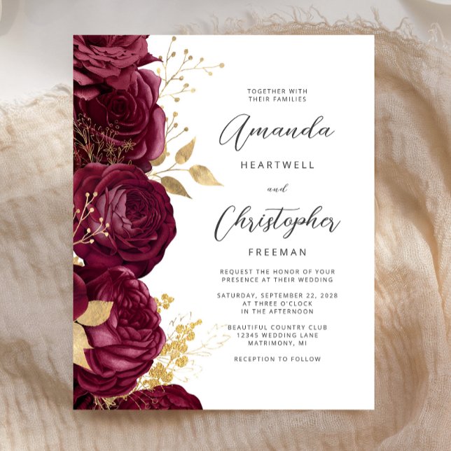 Convite de casamento de Script Dourado Floral da B (Criador carregado)