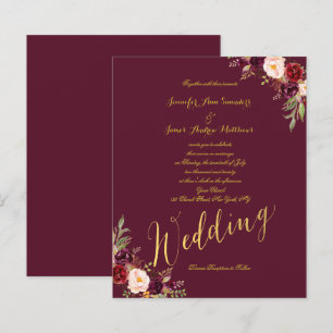 Convite de casamento de Script Dourado Floral da B