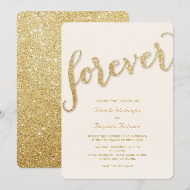 Convite de casamento de Script Dourado para Sempre (Frente/Verso)