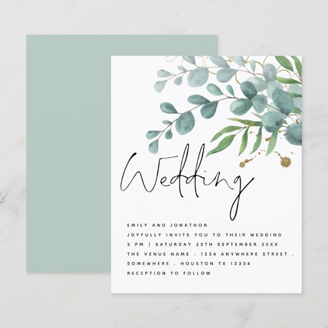 CONVITE DE CASAMENTO de Script Eucalyptus Dourado  (Frente/Verso)