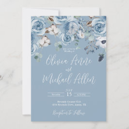 Convite De Casamento De Script Floral Azul Elegant