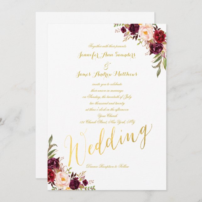 Convite de casamento de Script Floral Gold Foil (Frente/Verso)