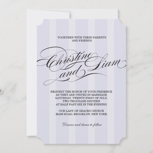 Convite de Casamento de Script Flourish de Stripes (Frente)