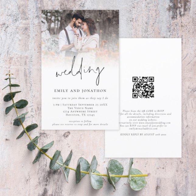 Convite de casamento de Script Informal QR de Foto (Front and back view. Larger size budget price alternative. Part of a matching wedding collection)
