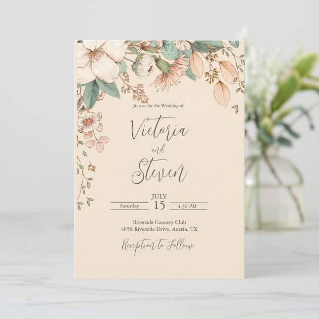 Convite De Casamento De Script Russo Floral Waterc (Em pé/Frente)