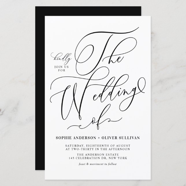 Convite De Casamento De Script Whimsical Preto (Frente/Verso)