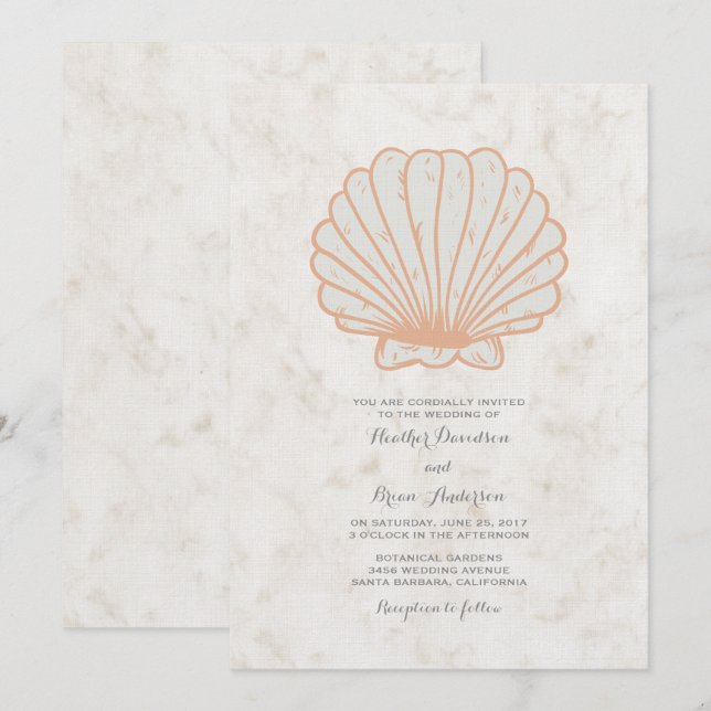 Convite de casamento de Seashell Russo Laranja (Frente/Verso)