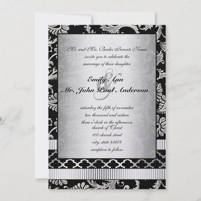 Convite De Casamento De Silver Damask Swirls (Frente)