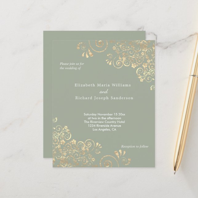 Convite De Casamento De Sujeiras Douradas De Sage (Frente/Verso In Situ)