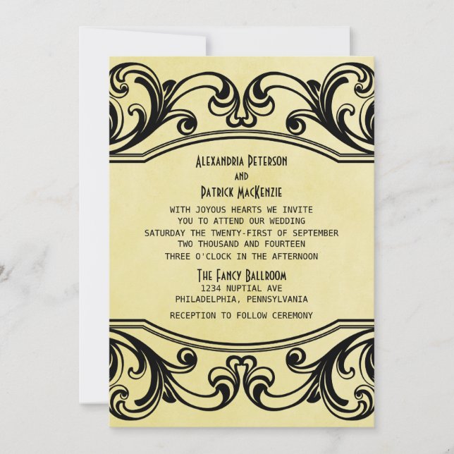 Convite de casamento de Swirls de Vintage Amarela (Frente)