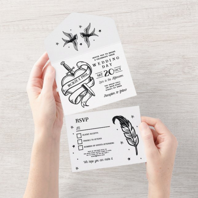 Convite de casamento de tatuagem e aves cardíacas  (Aba destacável)