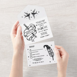 Convite de casamento de tatuagem e aves cardíacas 