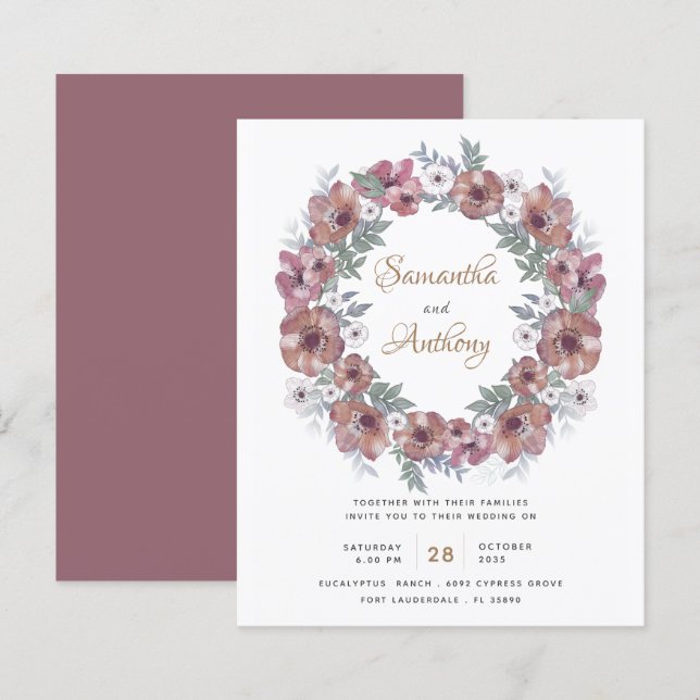 Convite de Casamento de Terracota Floral Rústico E (Frente/Verso)