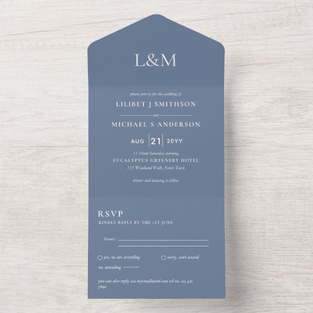 convite de casamento de Texto Branco Azul Dusty 3i (Interno)