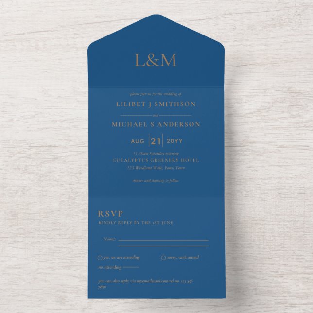 convite de casamento de Texto Dourado Azul Clássic (Interno)