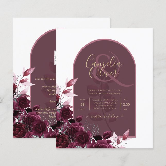 Convite de casamento de texto Dourado Rosas de vin (Frente/Verso)