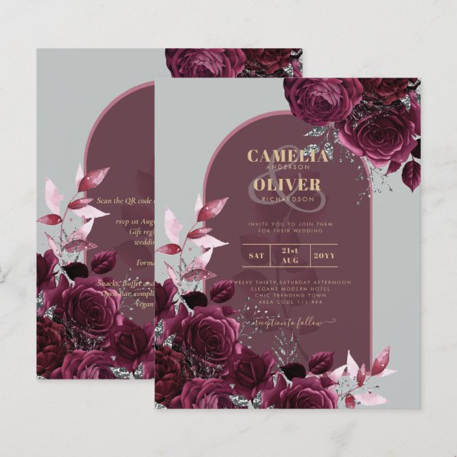 Convite de casamento de texto Dourado Rosas de vin (Frente/Verso)