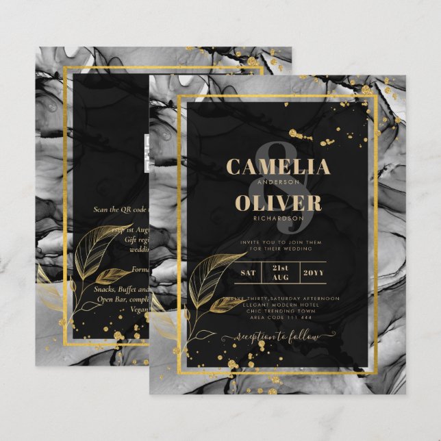 Convite de casamento de tinta Dourada a álcool Lea (Frente/Verso)