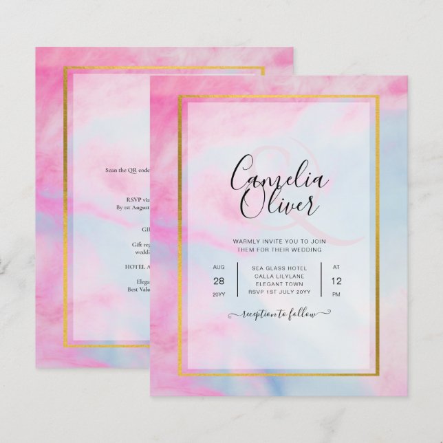 Convite de casamento de TINTA Dourada Azul-Azul-Az (Frente/Verso)