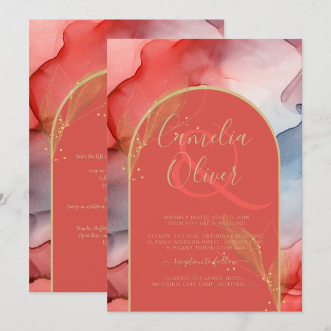 Convite de casamento de tinta Dourada azul de Mari (Frente/Verso)