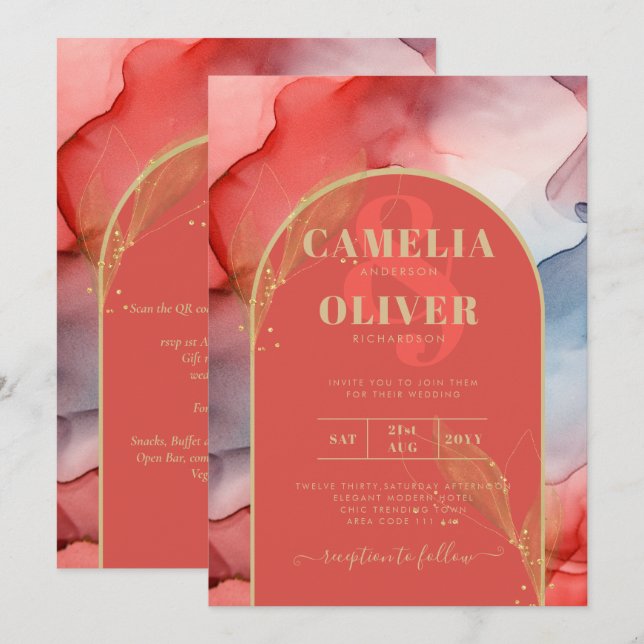 Convite de casamento de tinta Dourada azul de Mari (Frente/Verso)