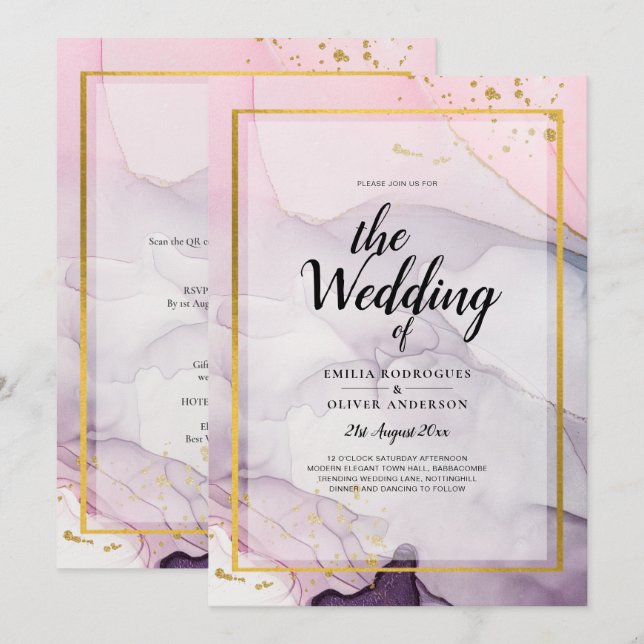 Convite de casamento de TINTA Dourada, cor-de-rosa (Frente/Verso)