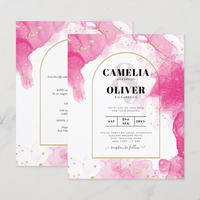Convite de casamento de TINTA DOURADA LeahG PINK (Frente/Verso)