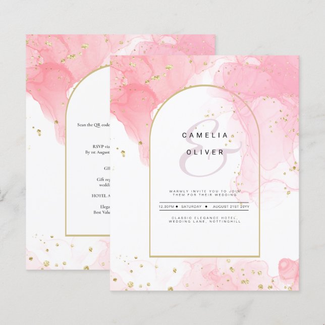Convite de casamento de TINTA DOURADA LeahG PINK (Frente/Verso)