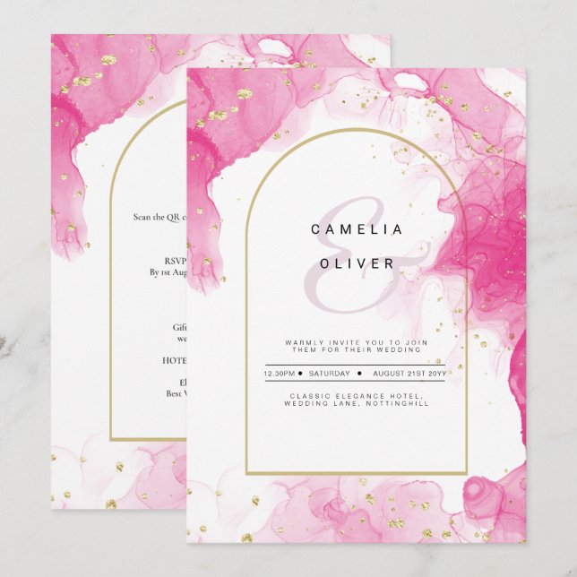 Convite de casamento de TINTA DOURADA LeahG PINK (Frente/Verso)