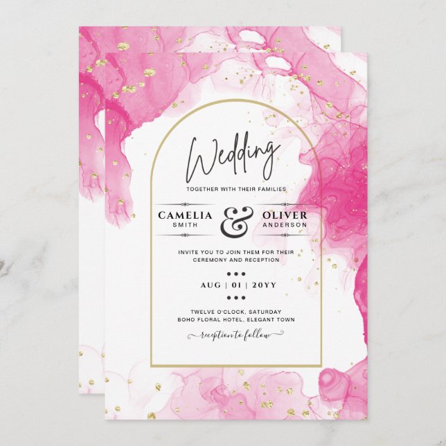 Convite de casamento de TINTA DOURADA LeahG PINK (Frente/Verso)