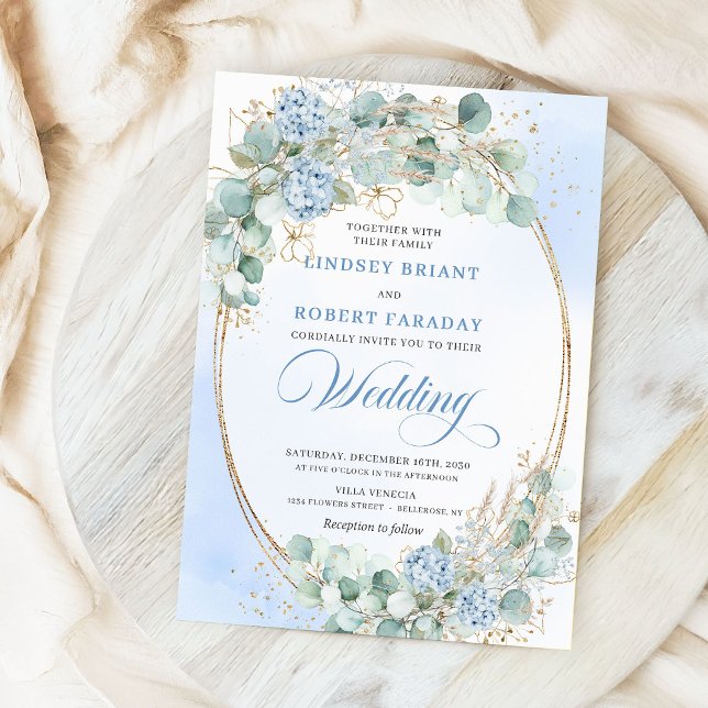 Convite de Casamento de Trigo Hortênsia Azul Aquar (Watercolor Blue Hydrangea Wheat Wedding Invitation)