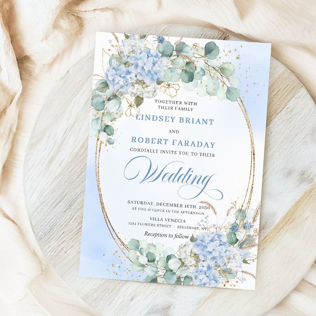 Convite de Casamento de Trigo Hortênsia Azul Estil (Garden Style Blue Hydrangea Wheat Wedding Invitation)