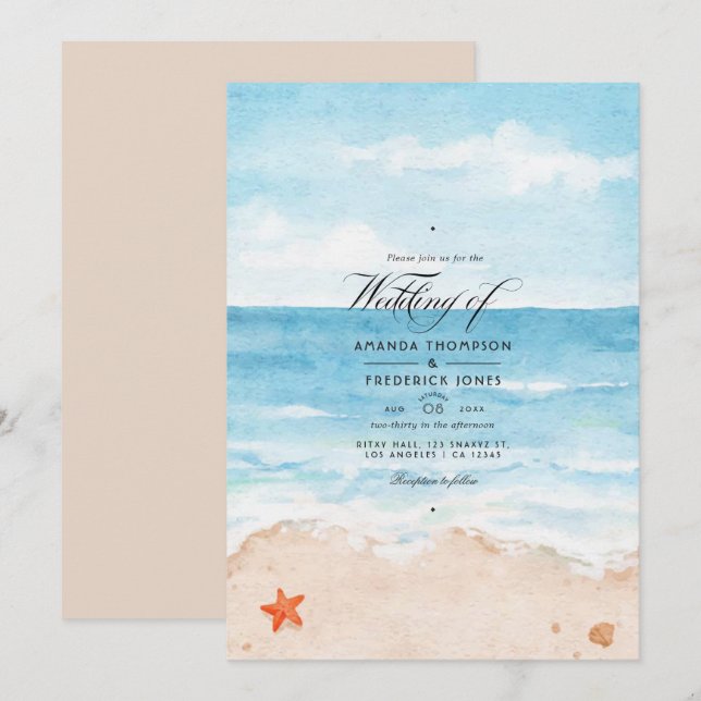 Convite de Casamento de Verão com Aquarela na Prai (Frente/Verso)