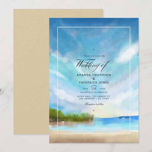 Convite de Casamento de Verão com Aquarela na Prai (Frente/Verso)