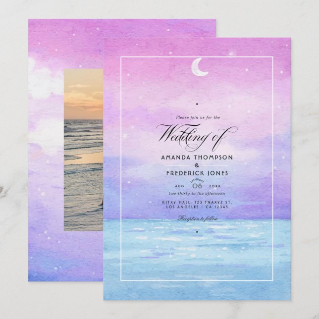 Convite de Casamento de Verão com Aquarela na Prai (Frente/Verso)