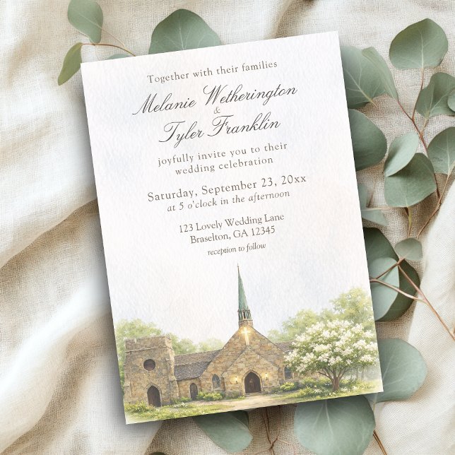 Convite de Casamento de Verão com Capela de Pedra  (Frost chapel summer wedding invite, watercolor stone chapel)