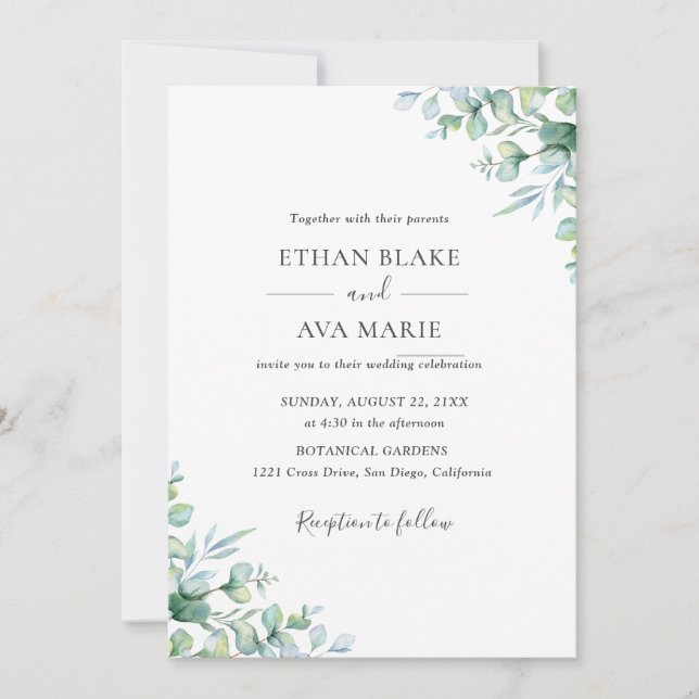 Convite de Casamento de Verde Folhagem de Eucalipt (Frente)