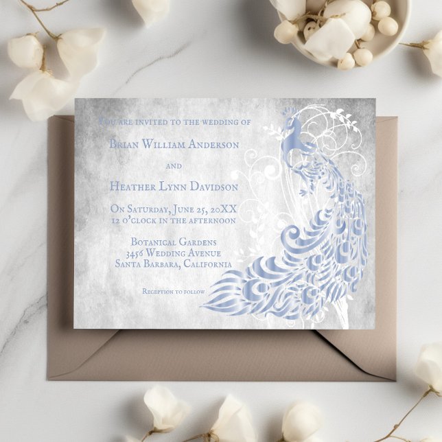 Convite De Casamento De Vinha De Folha De Pavão Az (Light Blue Peacock Leaf Vine Wedding Invitation)