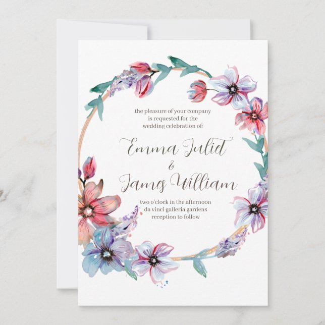 Convite De Casamento De Watercolor Floral Wreath (Frente)