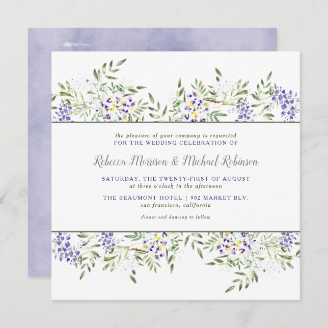 Convite De Casamento De Wisteria De Watercolor | Q (Frente/Verso)