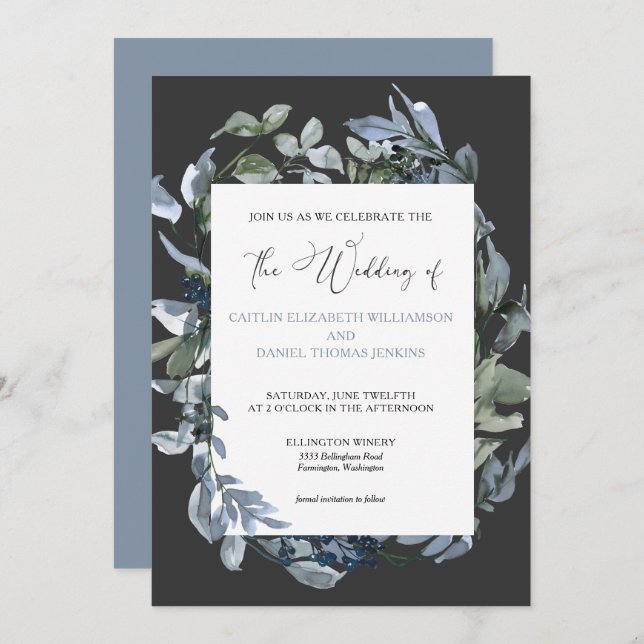 Convite De Casamento De Wreath Floral Chic Blue (Frente/Verso)
