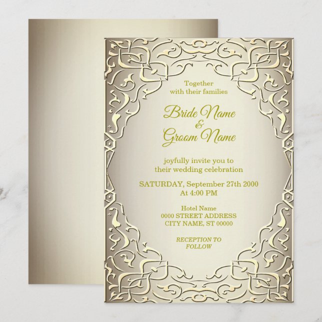 Convite de Casamento Decorativo Bege Elegante em D (Frente/Verso)