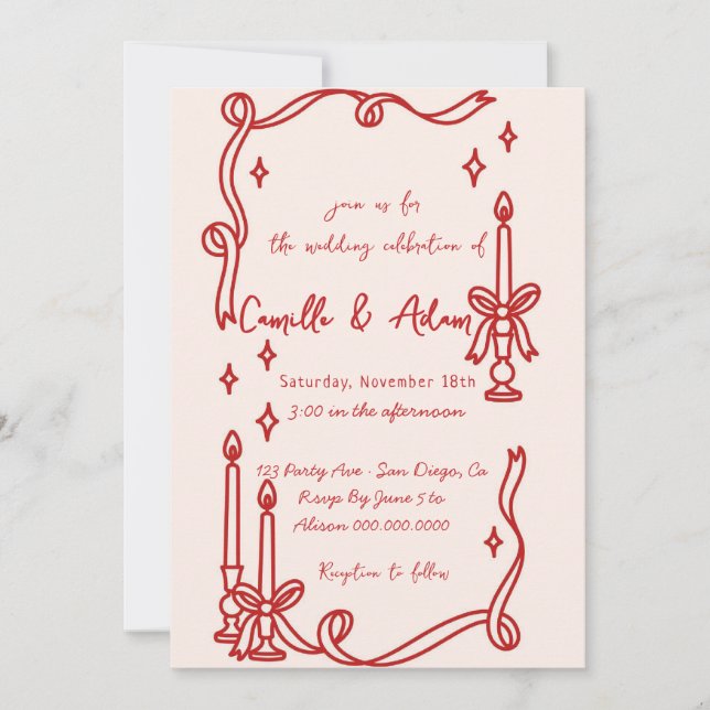Convite de casamento desenhado à mão com vela verm (Frente)