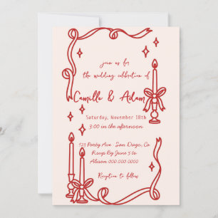 Convite de casamento desenhado à mão com vela verm