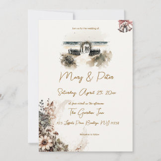 Convite de casamento desenhado à mão floral praia