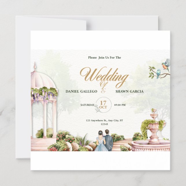 Convite de Casamento – Desenho de Gazebo de Jardim (Frente)