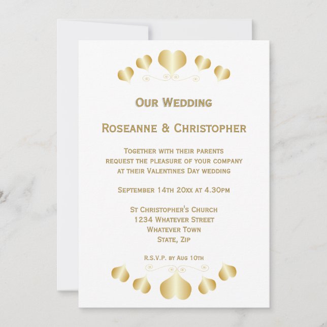 Convite de Casamento Design Corações Dourados (Frente)