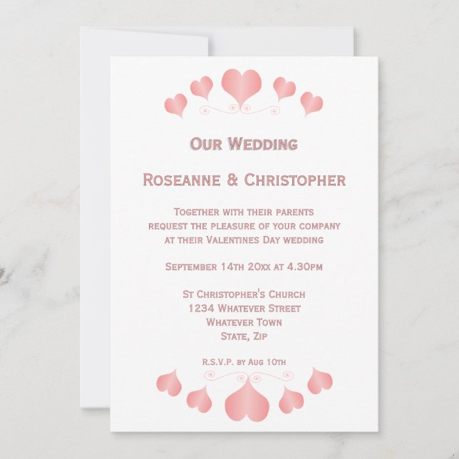 Convite de Casamento Design Corações Rosa (Frente)