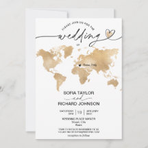 Convite de Casamento Destino Ouro Mapa Mundial Cor